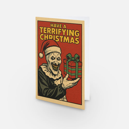 Vintage-style Christmas card with Art the Clown holding a gift and text 'Have a Terrifying Christmas' on a red and beige background.