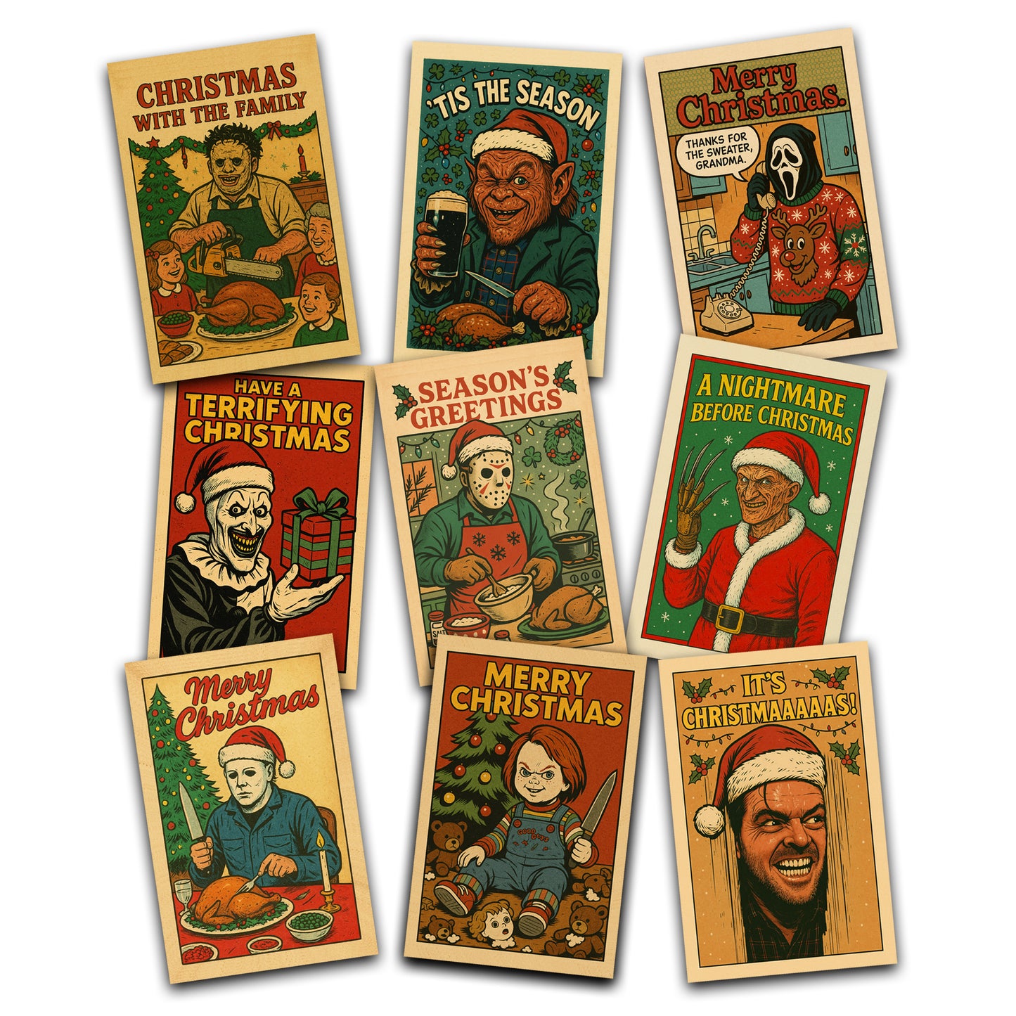Set of horror-themed Christmas cards with horror movie character illustrations with a humorous festive twist.