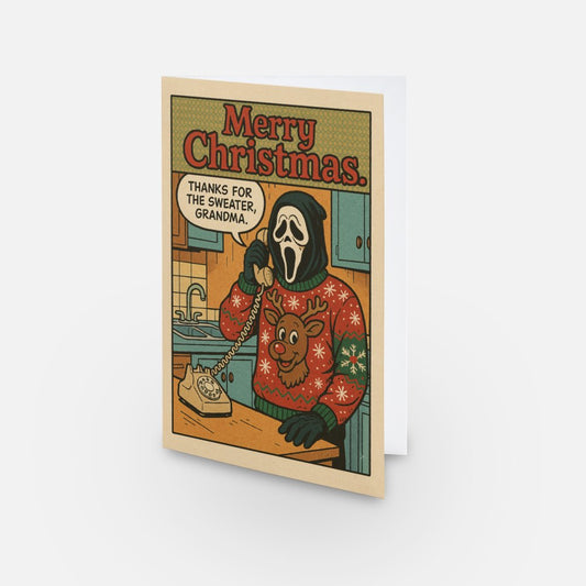 Scream Christmas card featuring Ghostface on the telephone thanking his nan for the Christmas jumper.