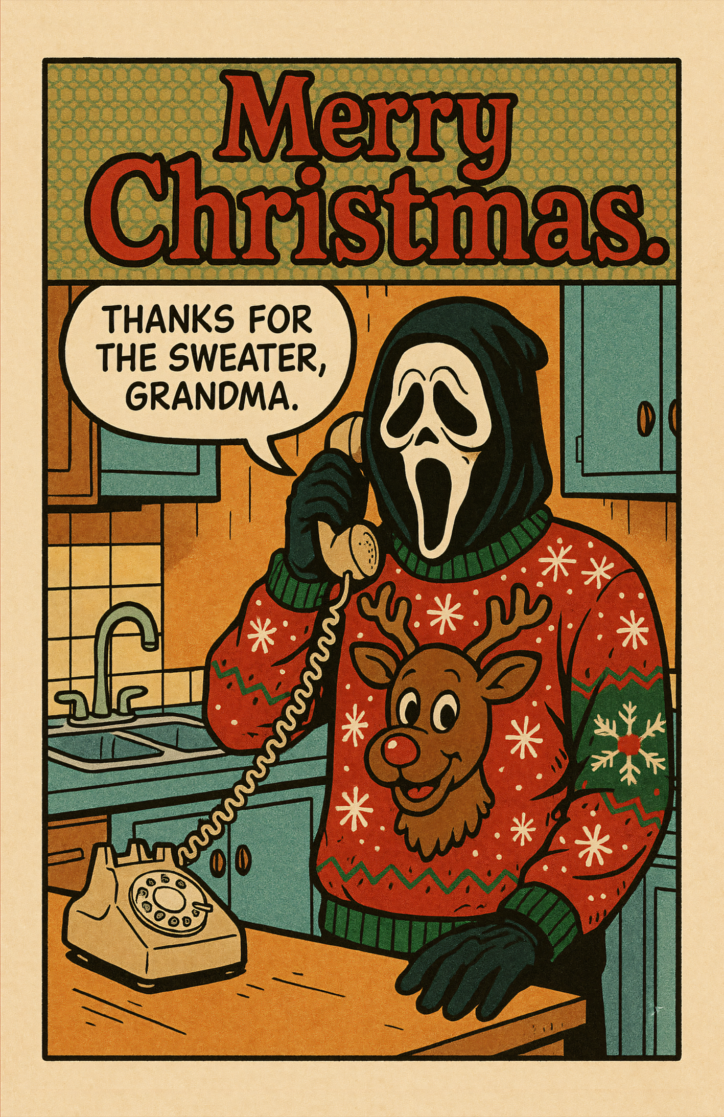 Scream Christmas card featuring Ghostface on the telephone thanking his nan for the Christmas jumper. 