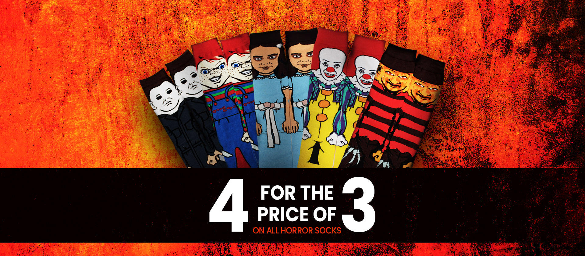 Horror Movie Socks 4 for the price of 3 Halloween offer from Horrorfier, the UK Horror Gift Store