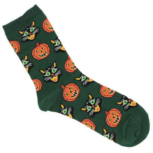 Dark green cotton Halloween socks with black cats and pumpkins