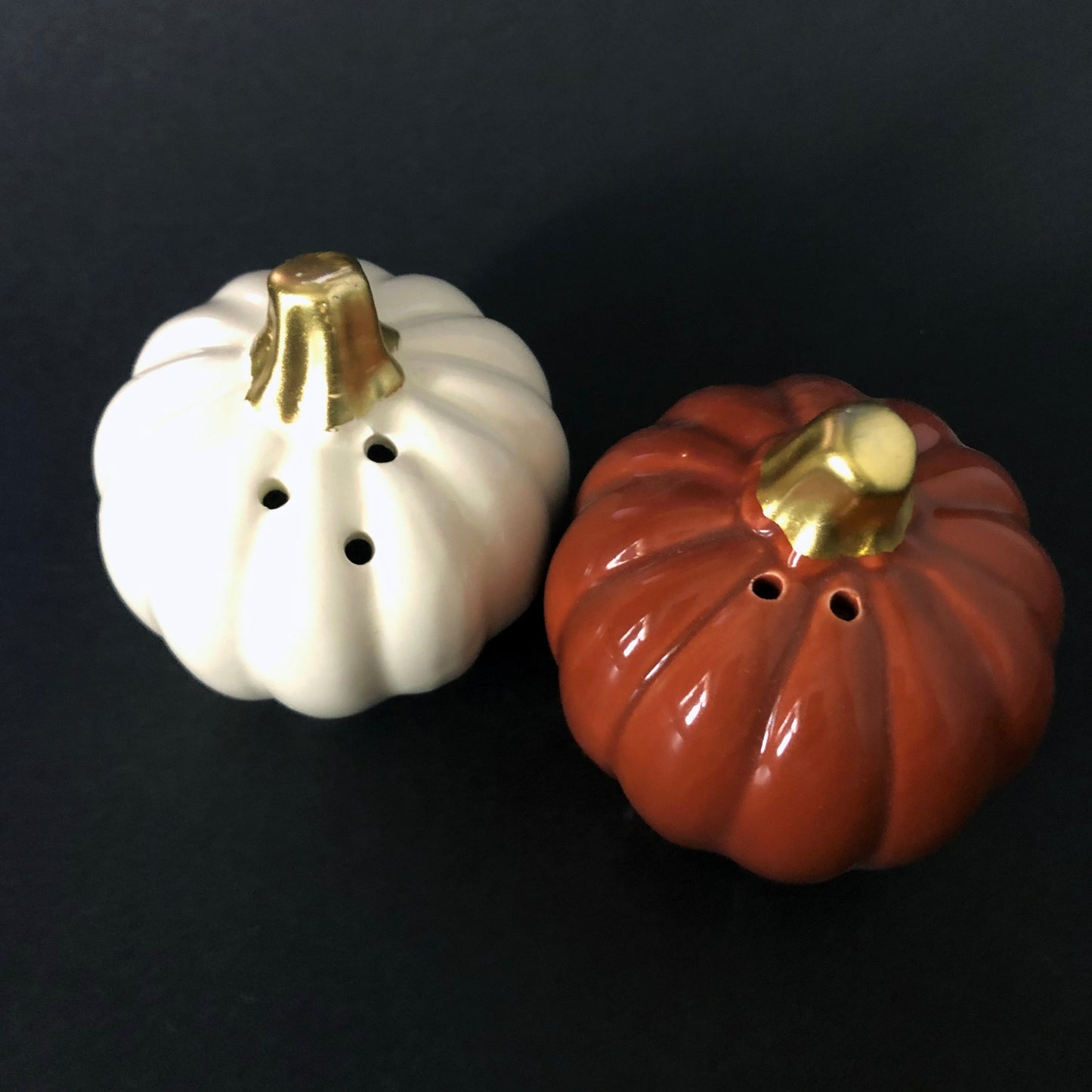 Ceramic Pumpkin Salt and Pepper Shakers in Orange, White and Gold Colours