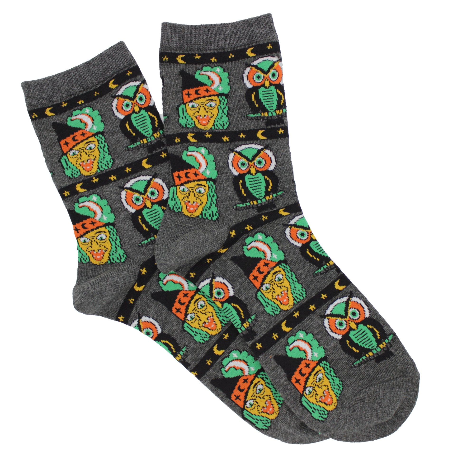 Witch and Owl vintage Halloween socks for women, available at horrorfier.co.uk with free UK postage.