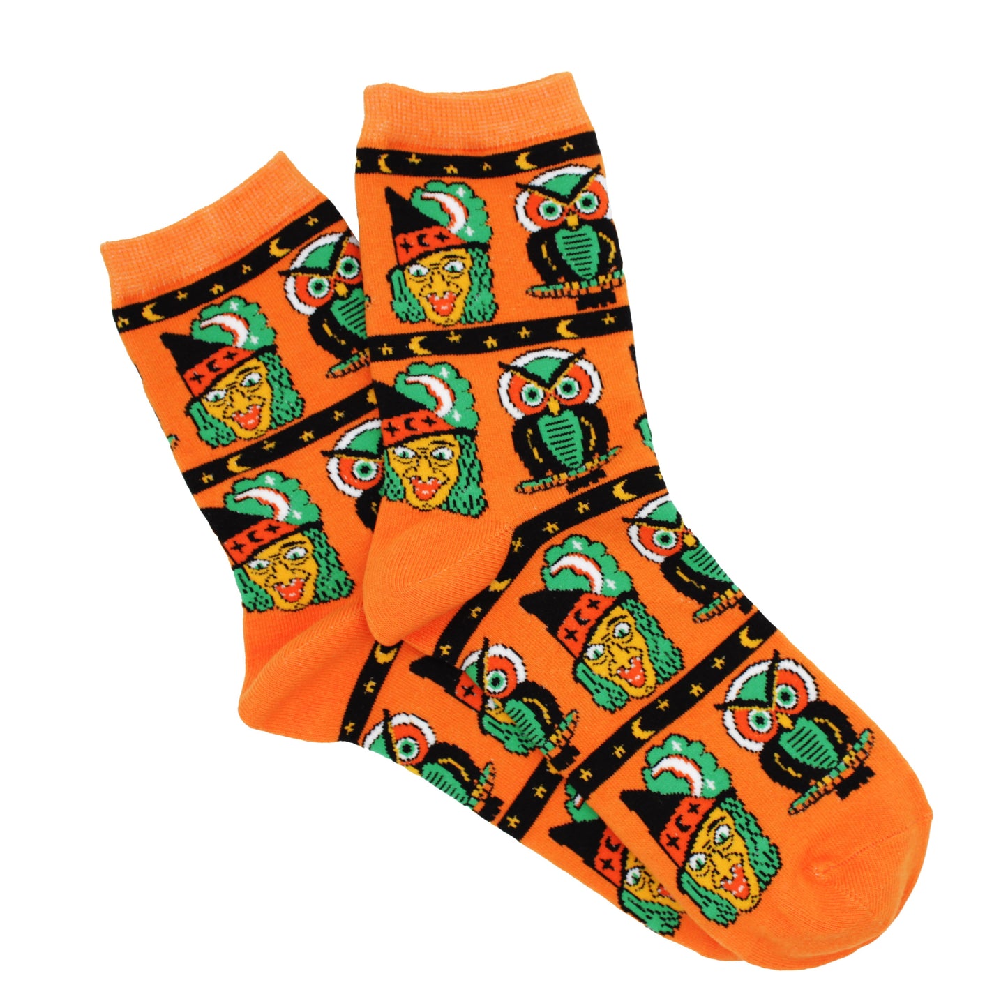 Orange Halloween Socks for Women with Spooky Owls and Witches in the Style of Vintage Halloween Decorations. Free UK Postage