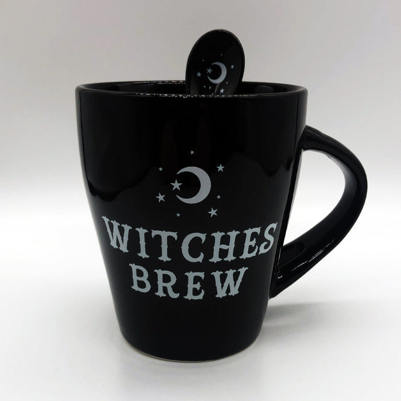 Witches Brew Tea Cup and Spoon in gloss black with white moon and stars design.