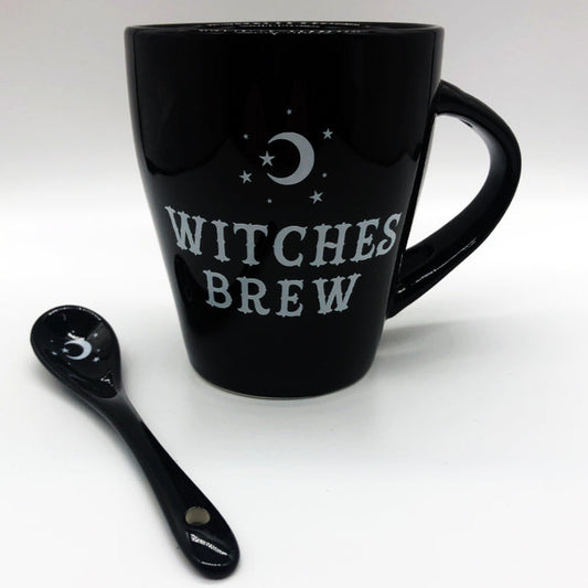 Witches Brew mug and spoon gift set made from blag ceramic. 500ml capacity. 