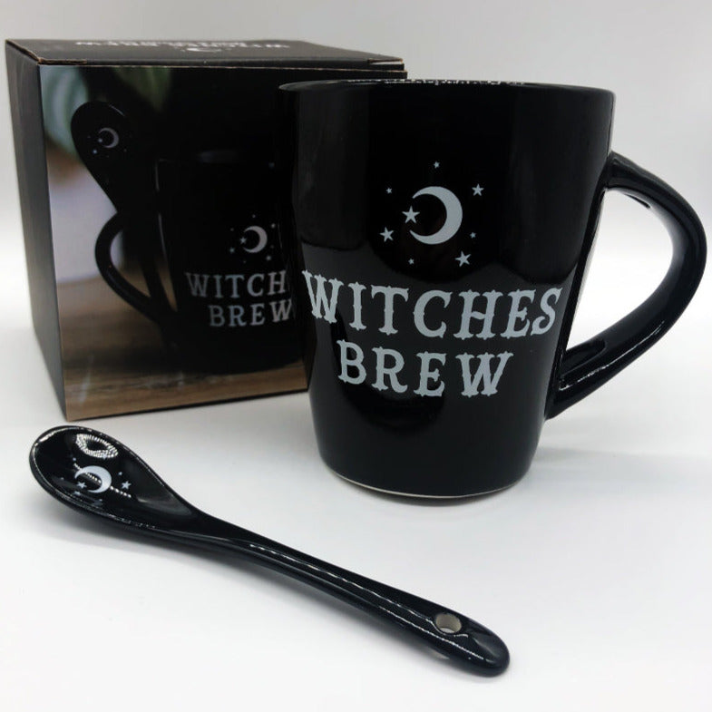 Close up of the Witches Brew Tea Cup and Spoon gift set with the box.