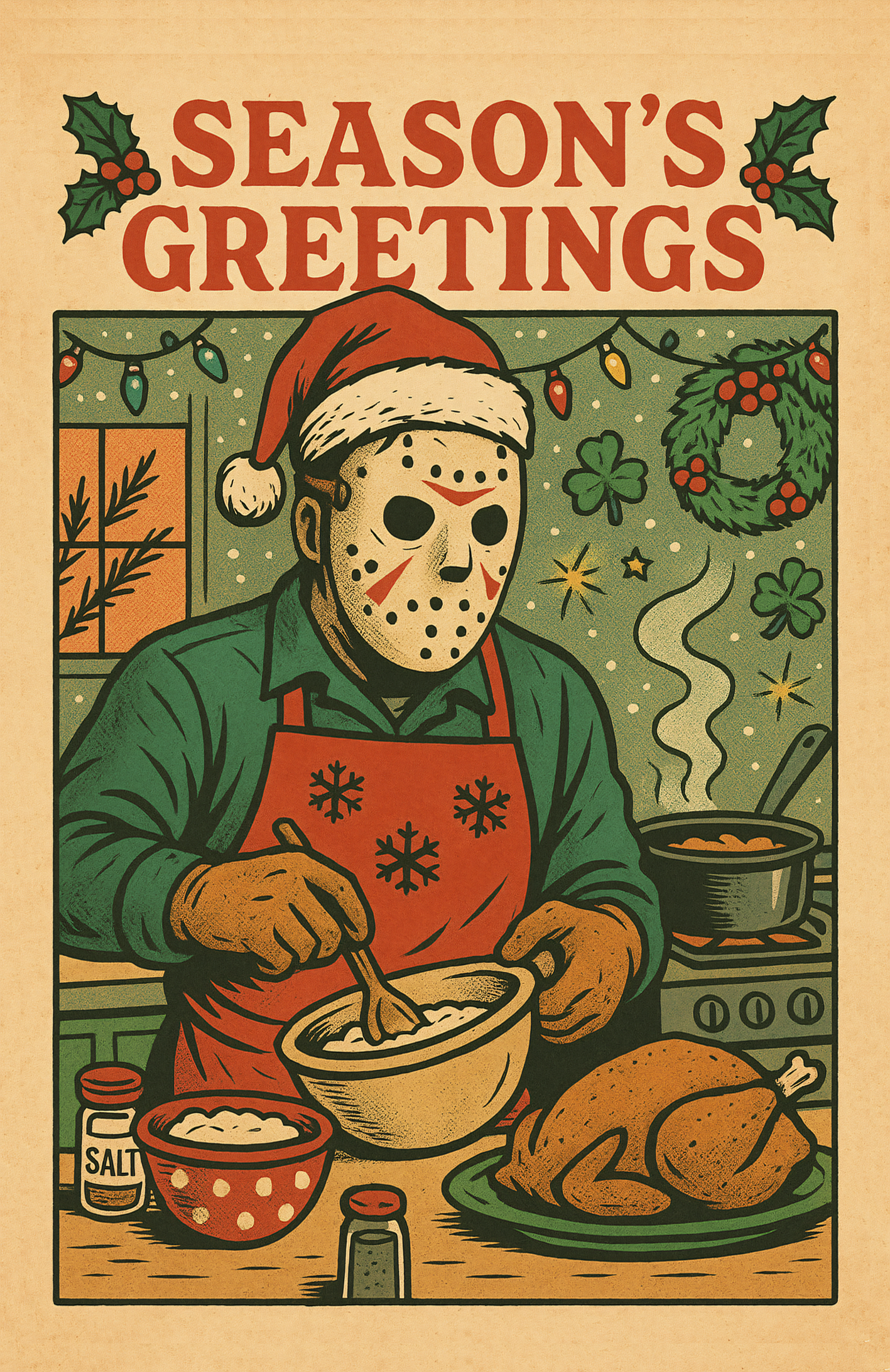 Funny horror Christmas card featuring Jason Voorhees in a Santa hat and apron, cooking a turkey with 'Season's Greetings' text and Christmas decorations.