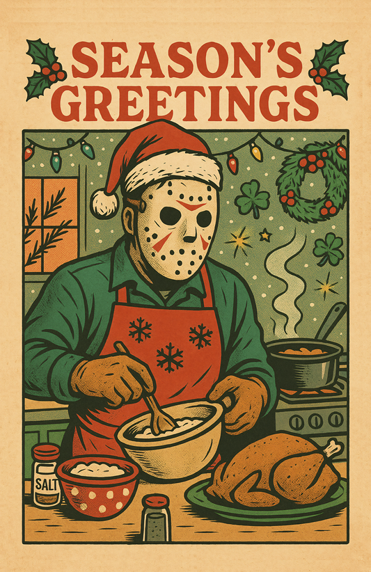 Funny horror Christmas card featuring Jason Voorhees in a Santa hat and apron, cooking a turkey with 'Season's Greetings' text and Christmas decorations.