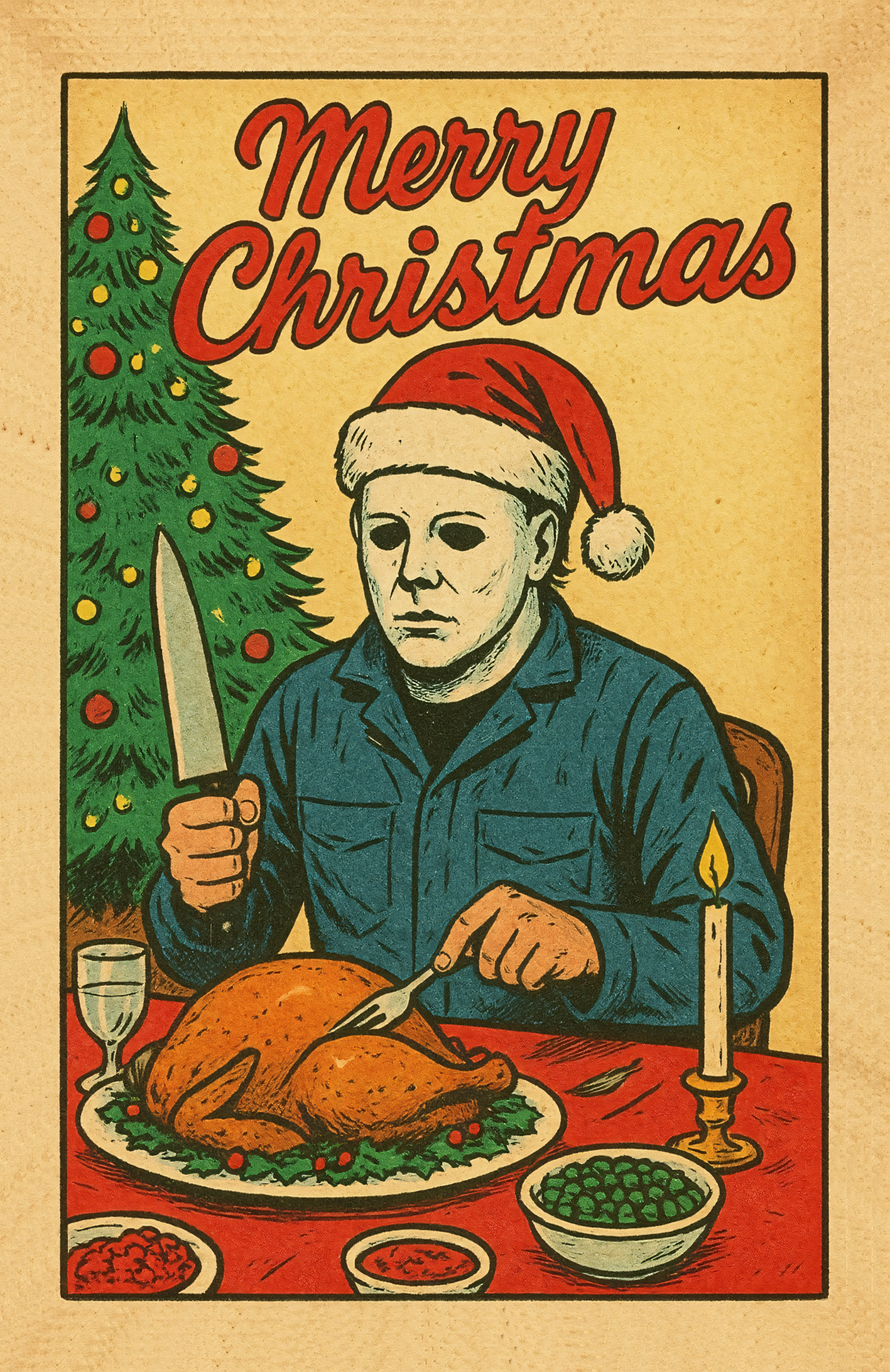 Vintage-style Christmas card with Michael Myers in a Santa hat holding his kitchen knife over a roasted turkey.