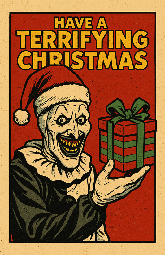 Vintage-style Christmas card with Art the Clown holding a gift and text 'Have a Terrifying Christmas' on a red and beige background.