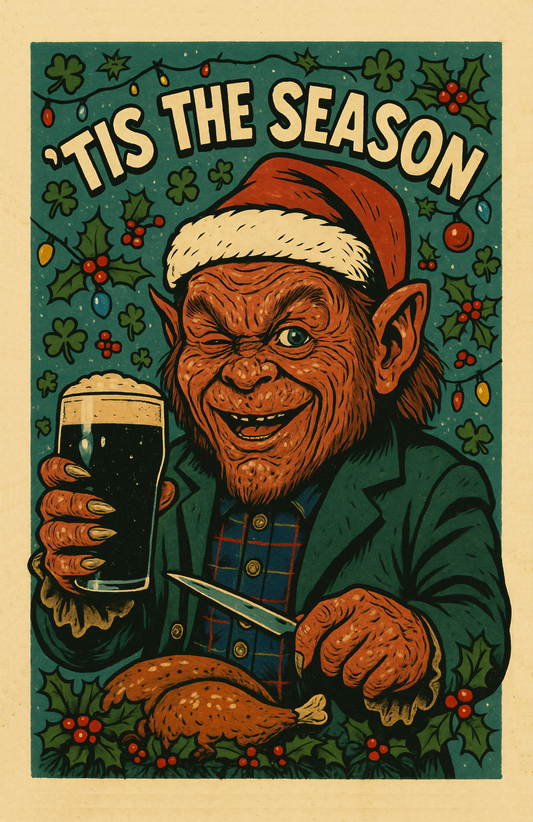 Funny horror Christmas card design featuring The Leprechaun drinking a pint of Guinness.