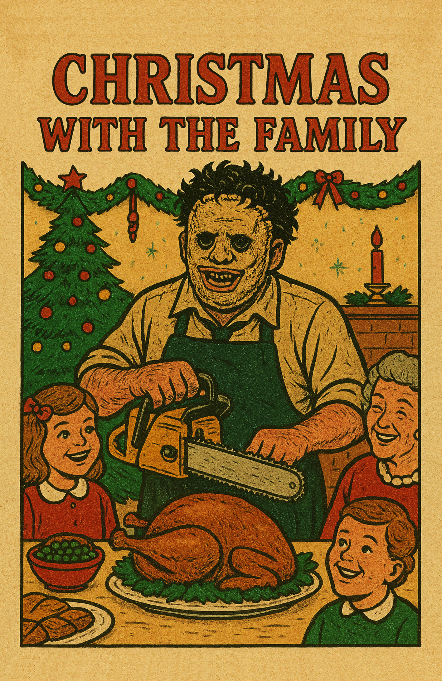 Funny retro style Texas Chainsaw Massacre Christmas card featuring Leatherface at a wholesome traditional Christmas dinner table about to carve the turkey with his chainsaw. 