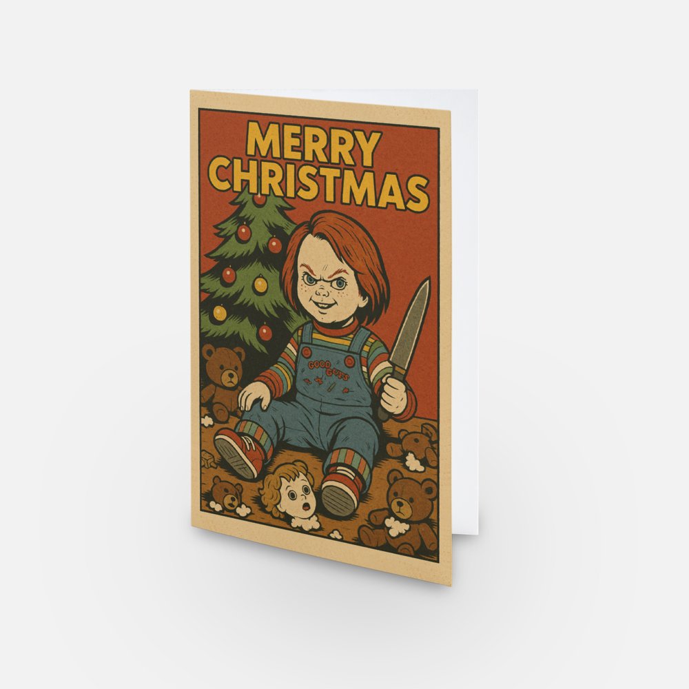 Greeting card with Chucky holding a knife, surrounded by shredded teddy bears and Christmas tree, with 'Merry Christmas' text.