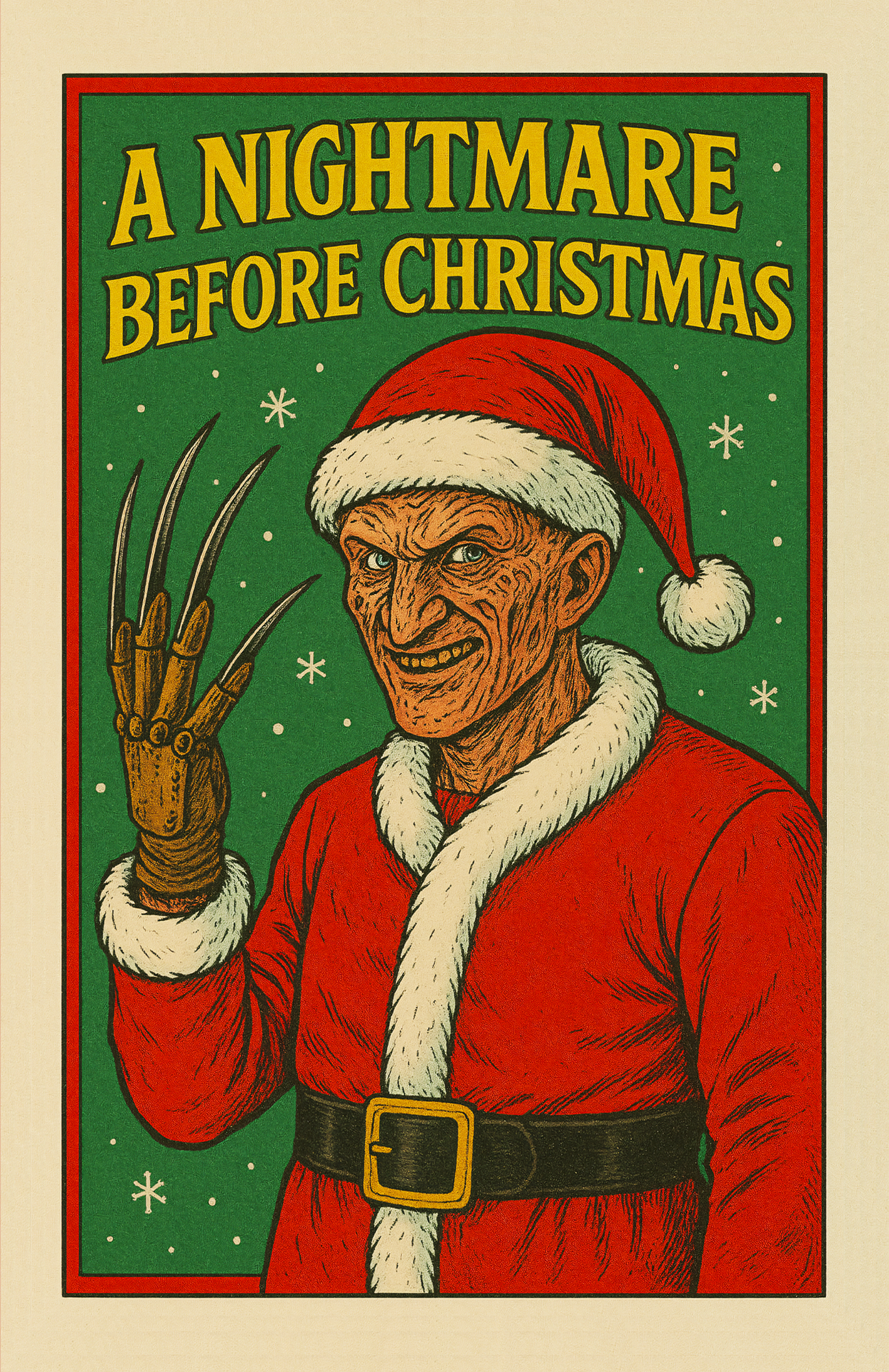 Vintage style Christmas card featuring Freddy Krueger from the 80s fantasy slasher film, A Nightmare On Elm Street. But in this festive twist, Freddy is wearing a santa suit and the headline is A Nightmare Before Christmas in reference to Tim Burton's spooky animated Halloween Christmas movie.