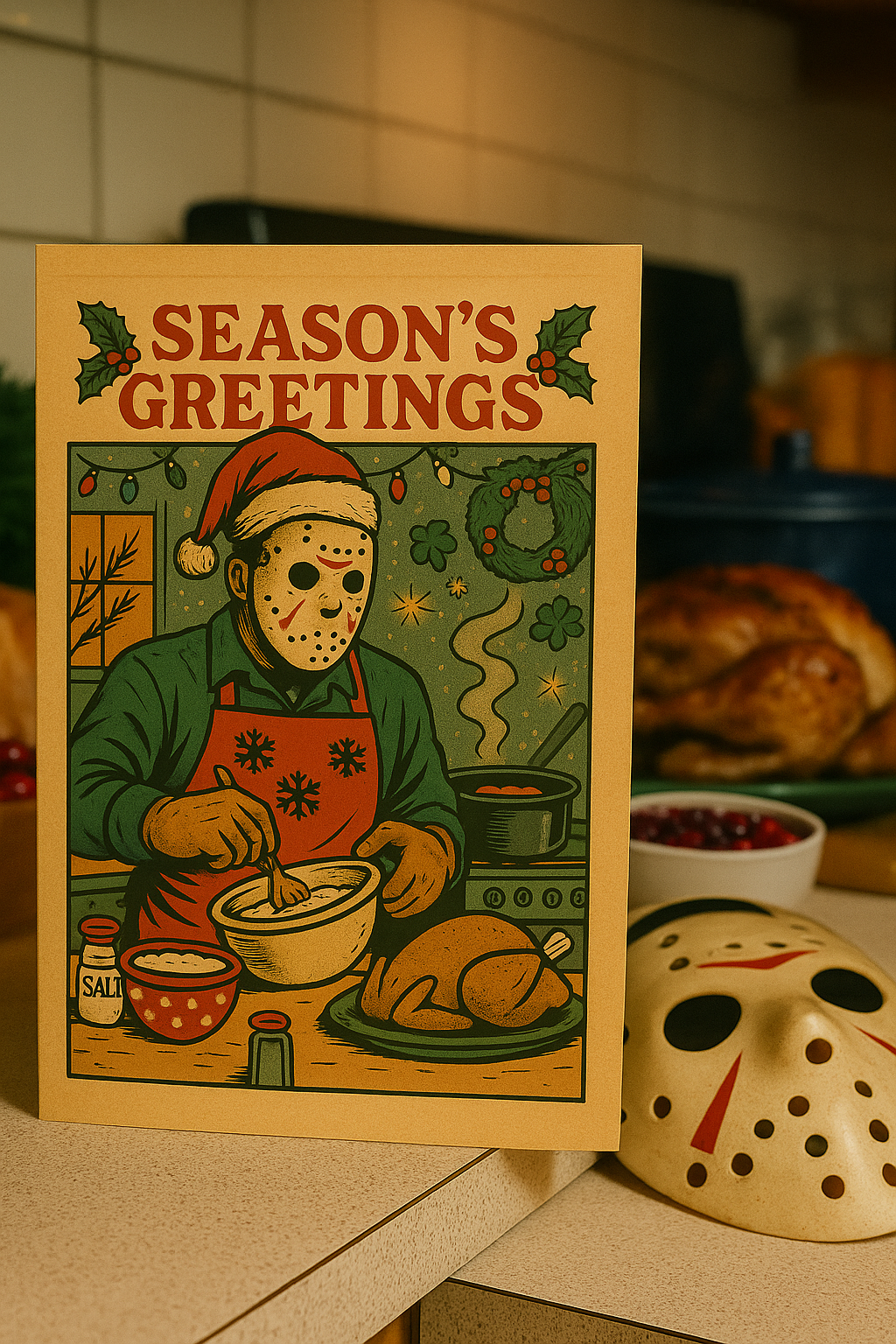 A vintage-style Christmas greeting card featuring a person in a hockey mask cooking a turkey, with the text 'SEASON'S GREETINGS' at the top. The card is photographed on a kitchen counter with a blurred Christmas dinner scene in the background, including a hockey mask prop.