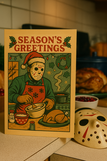 A vintage-style Christmas greeting card featuring a person in a hockey mask cooking a turkey, with the text 'SEASON'S GREETINGS' at the top. The card is photographed on a kitchen counter with a blurred Christmas dinner scene in the background, including a hockey mask prop.