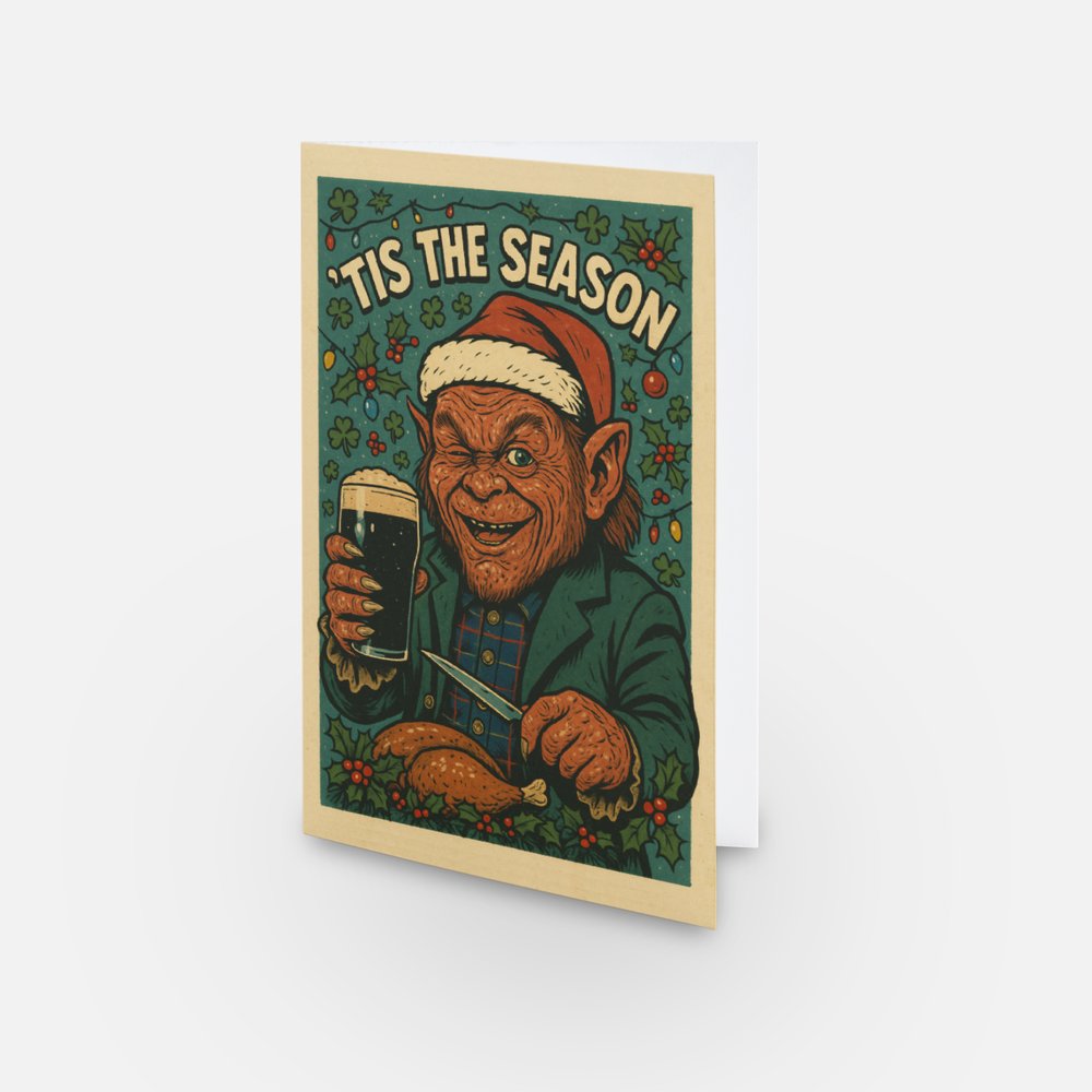 Funny horror Christmas card design featuring The Leprechaun drinking a pint of Guinness.