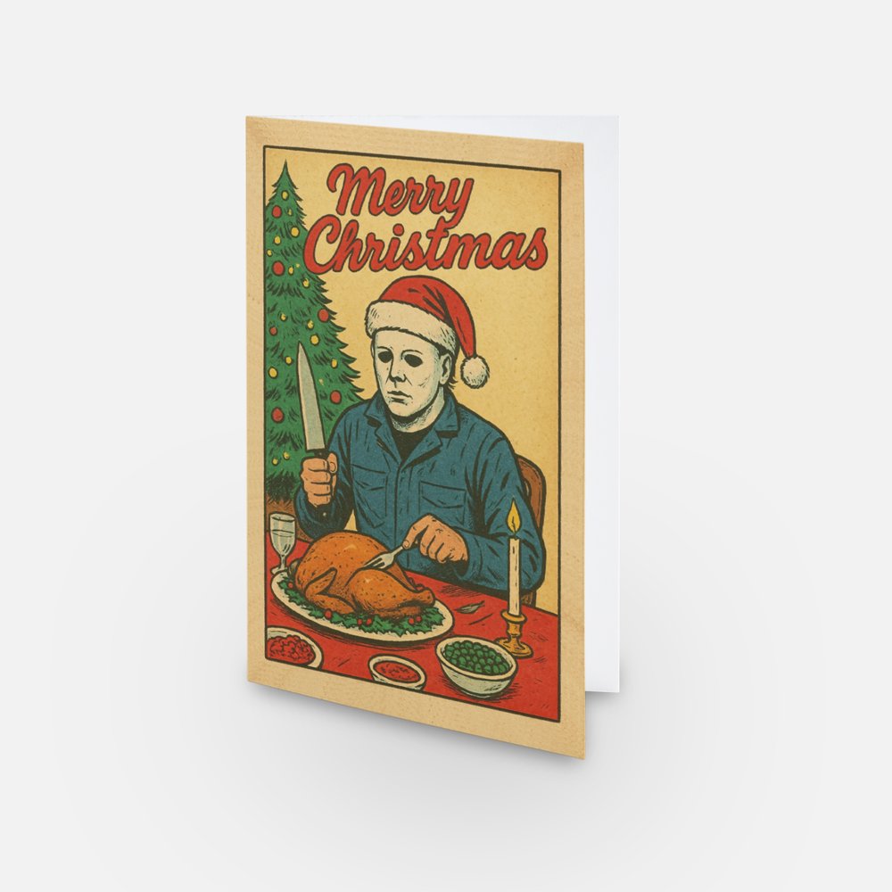 Retro horror Christmas card featuring Michael Myers from Halloween eating Christmas dinner with his iconic knife