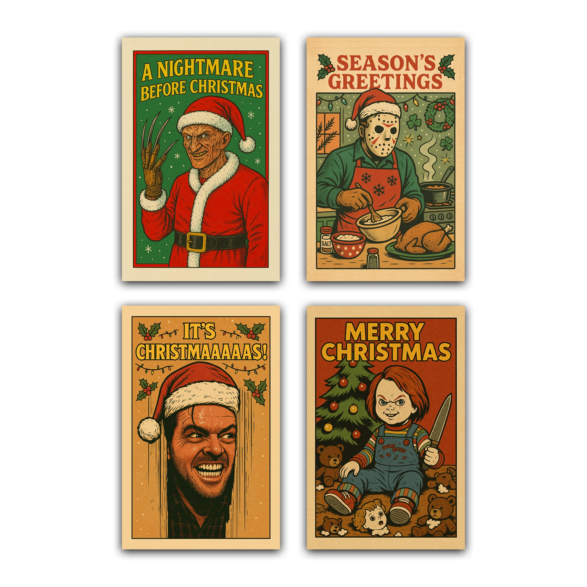 Set of 4 horror Christmas cards from horrorfier.co.uk