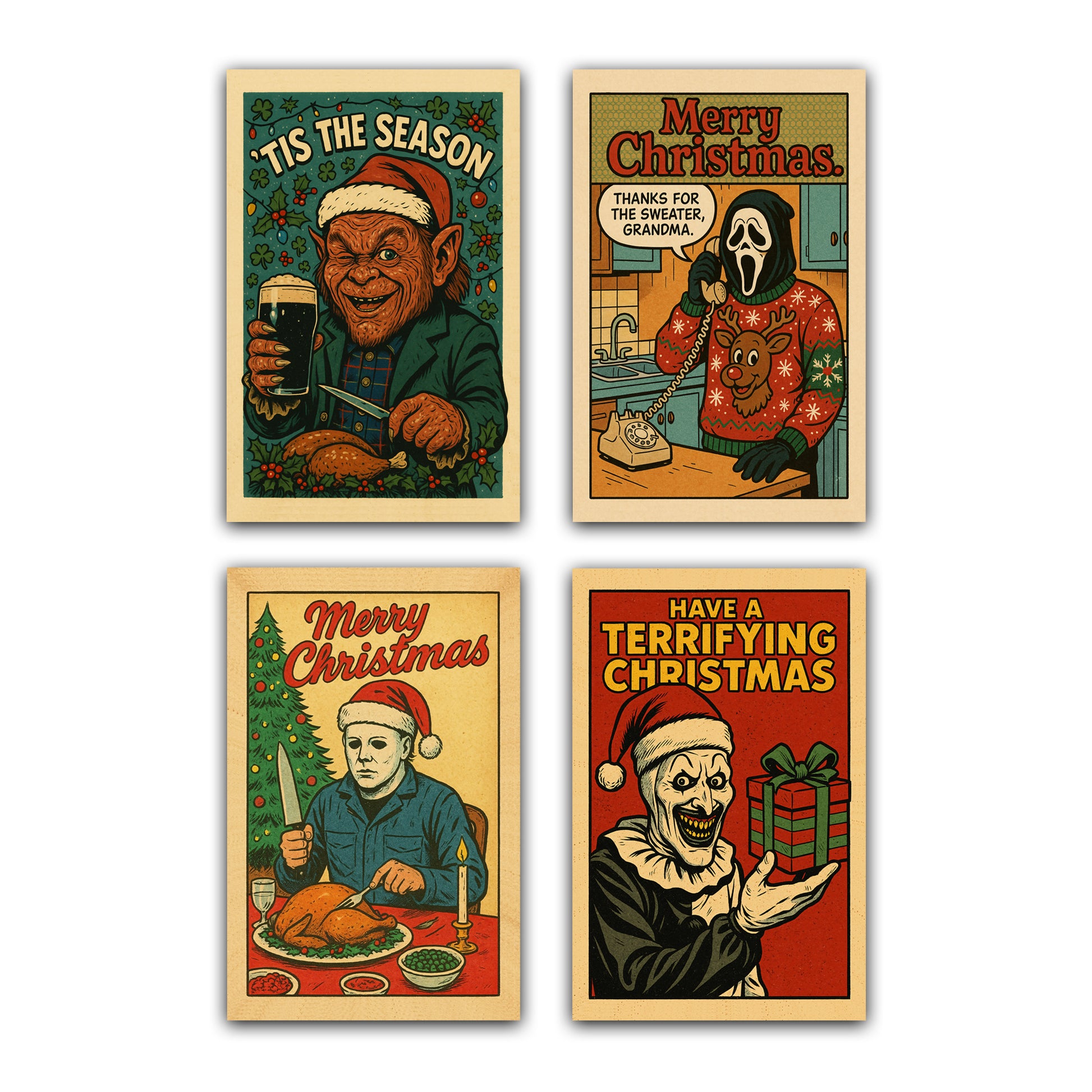 4 pack of retro horror Christmas cards