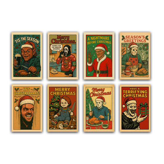 Set of 8 horror-themed Christmas cards with horror movie character illustrations with a humorous festive twist.