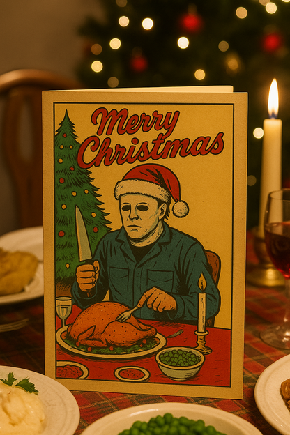 A Christmas greeting card featuring a stylized illustration of Michael Myers at a dinner table with a turkey, set on a dining table with plates, a candle, and a blurred Christmas tree in the background.