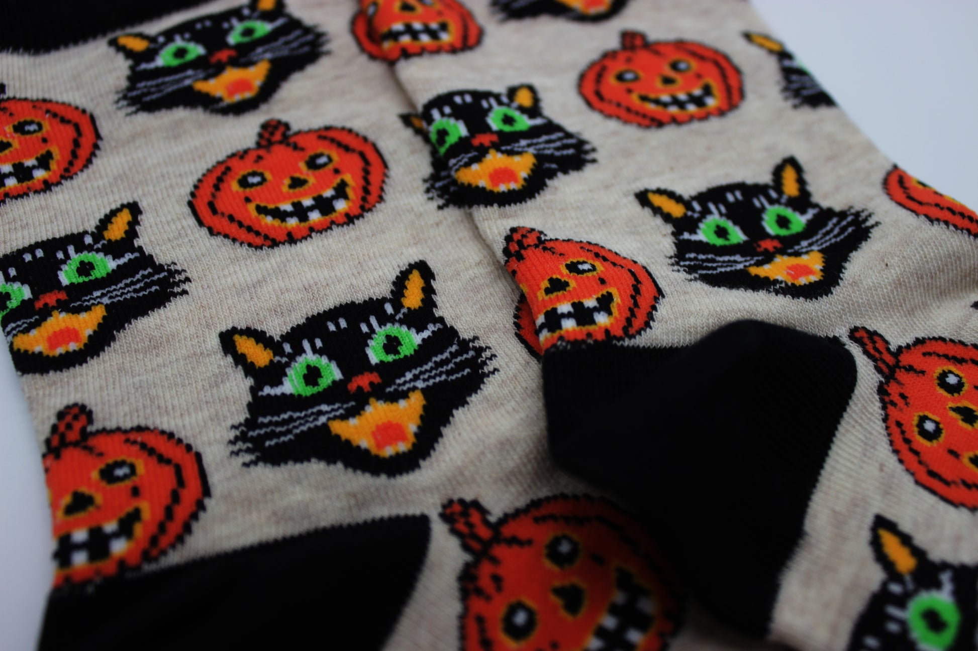 Close Up of Jack O'Lantern and Black Cat Halloween Socks