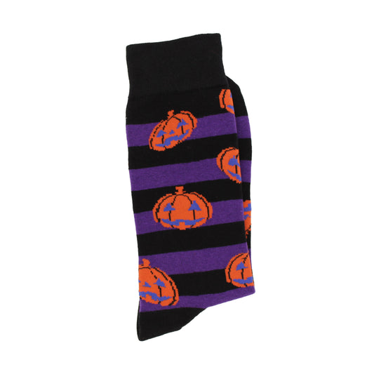 Purple and black striped Halloween pumpkin socks. 